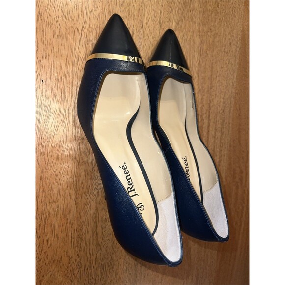 J. Renee Adena Navy Blue Patent Leather Pumps w/Gold-Tone Accents Size 8.5 Wide - Picture 3 of 8